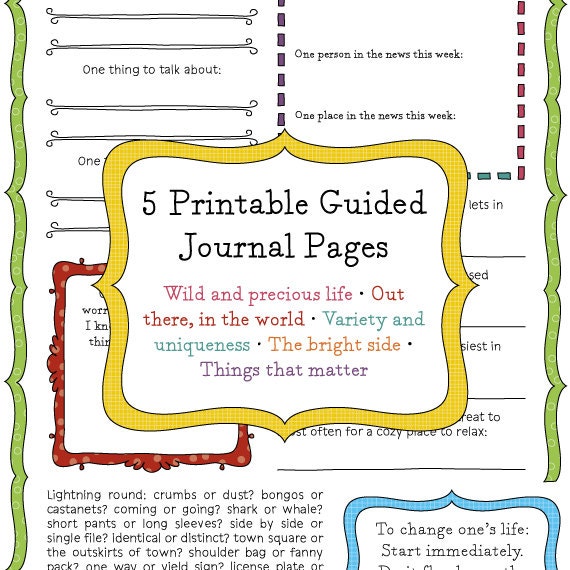 5 Printable Guided Journal Pages - Wild and precious life, Out there in the world, Variety and uniqueness, The bright side, Things that matt