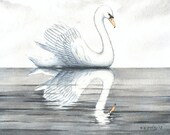 Original Bird Painting, Swan Swimming Watercolor, White Swan in Water, Swan Reflection, Calm Water, White Bird Painting, Grey, Gray 8" X 10"
