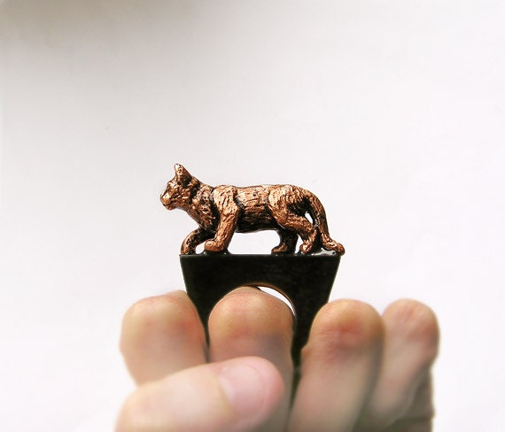 Animal wooden Ring Cuprum Cat, Copper Cat Handmade, coctail statement ring, for cat lover, cat jewelry, black