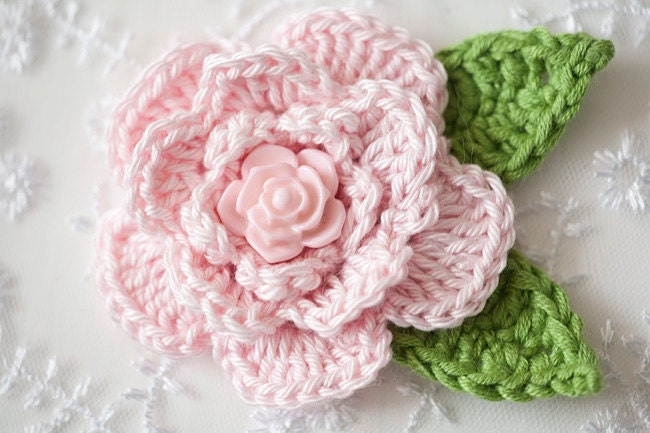 Pink Crochet Rose Brooch Flower Pin Jewellery