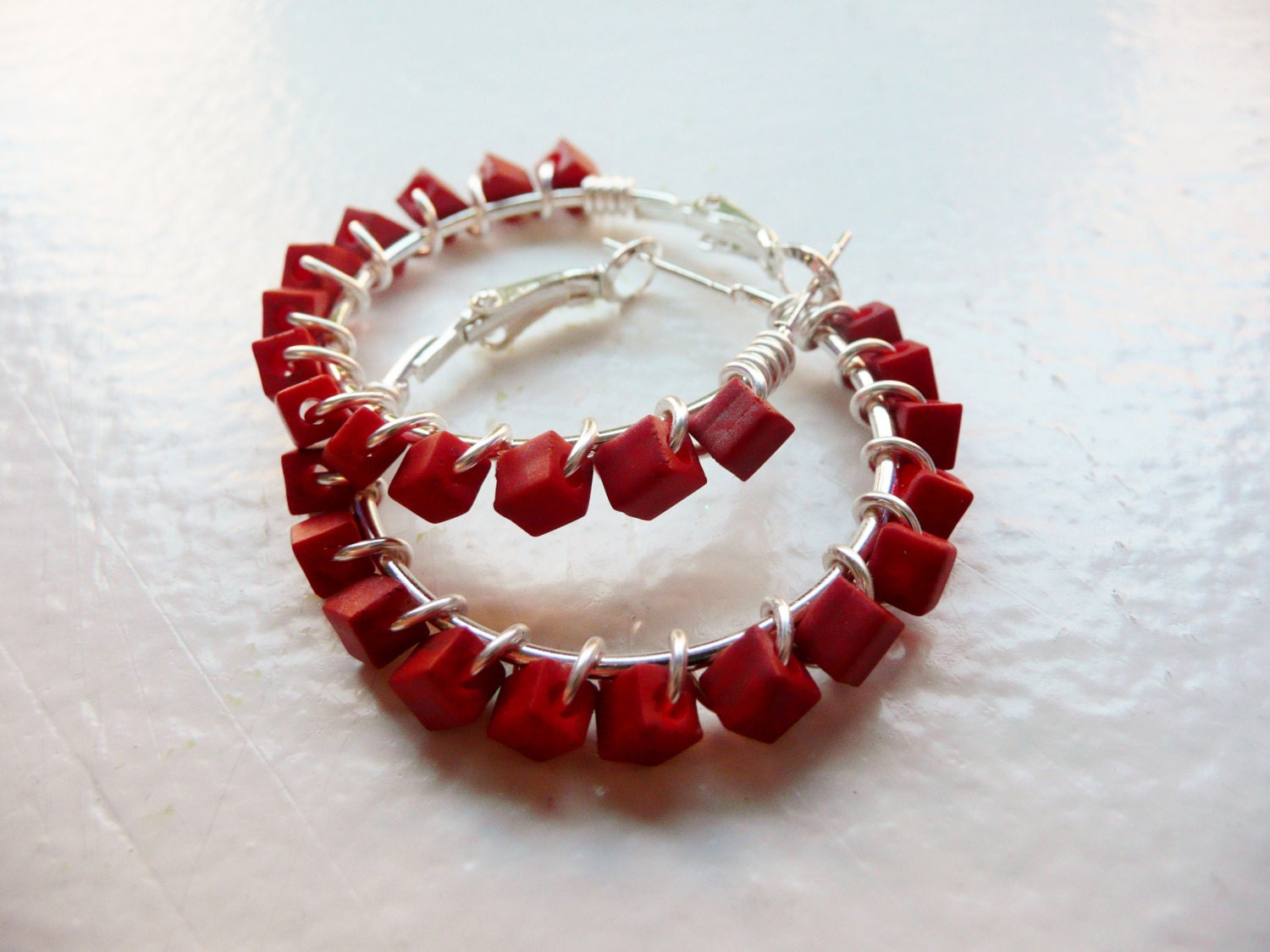 Silver Wire Wrapped Hoops with Terracotta Cube Beads