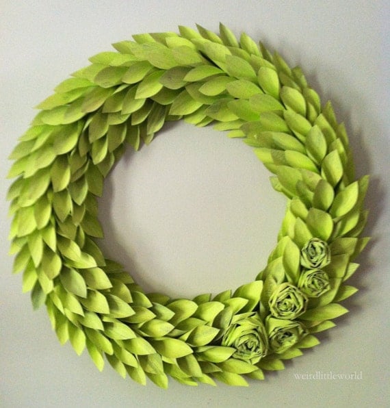 chartreuse modern wreath - lime painted newspaper - large 22 inch newspaper rosette and leaf