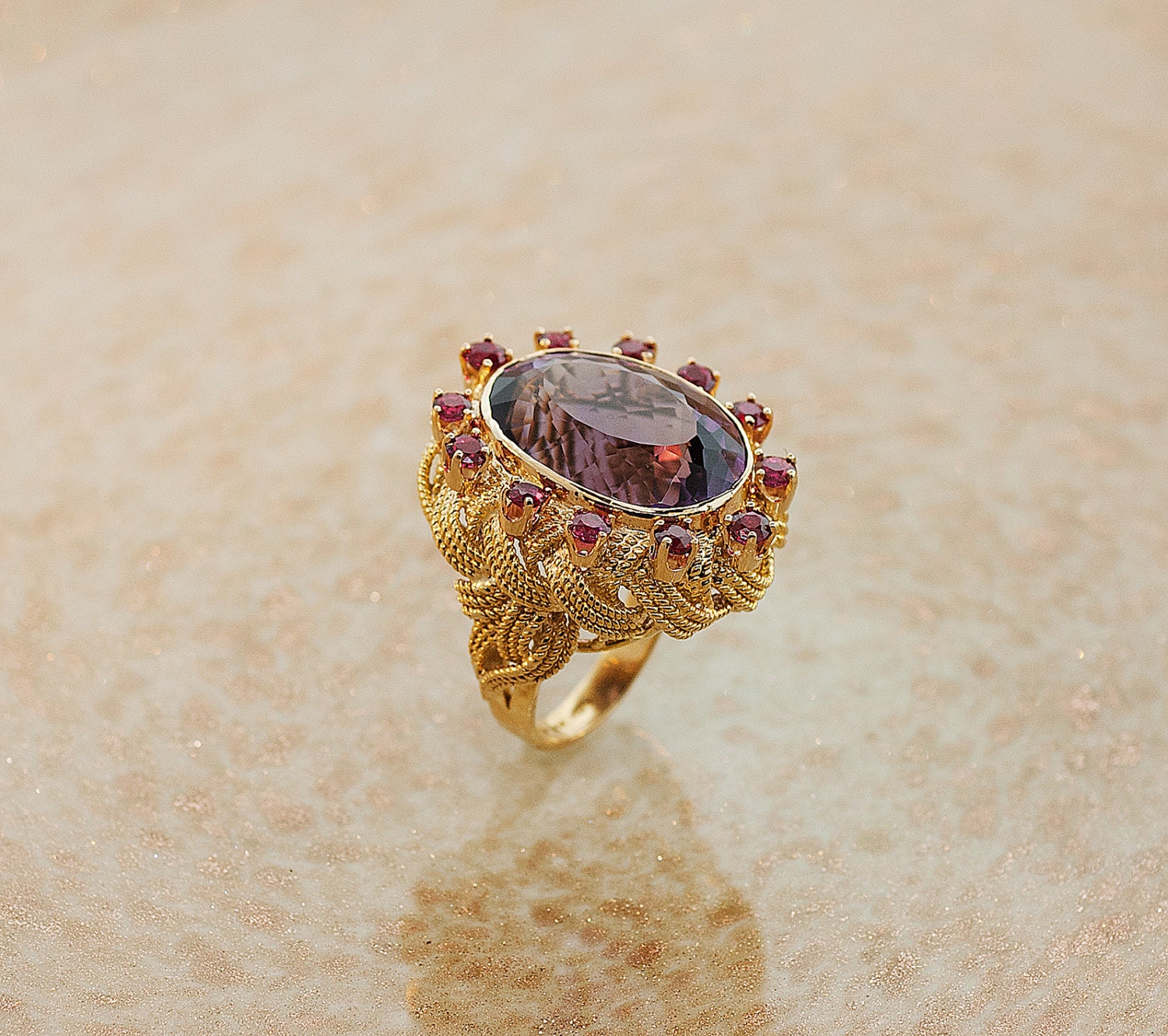 Vintage 18k Yellow Gold Amethyst and Ruby Ring