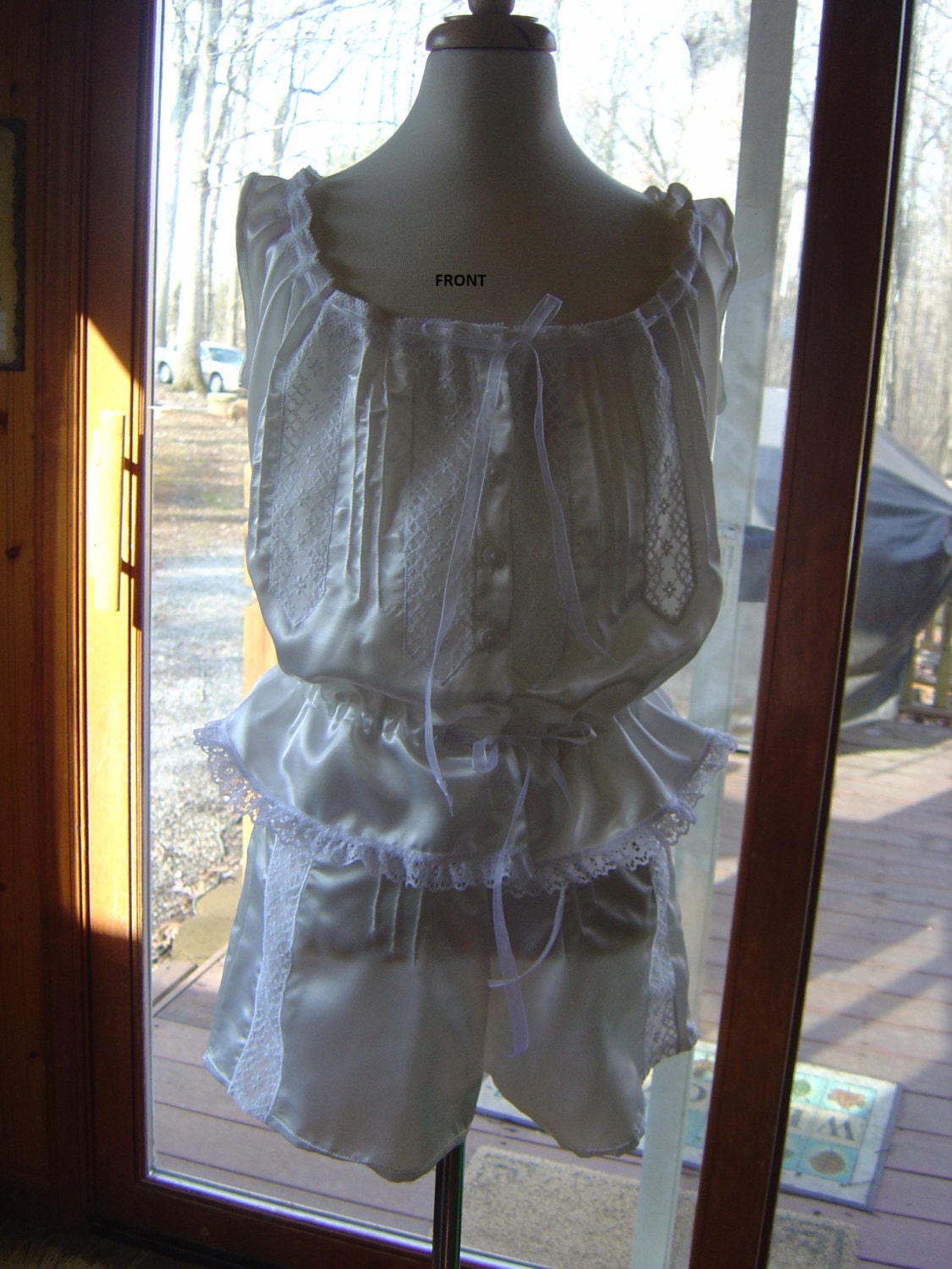 Ivory, Poly Shantung "Corset" cover with see-through Vintage Lace, Pintucks and sheer ribbon