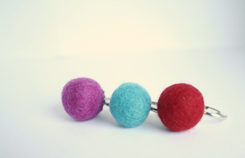 Adjustable ring red turquoise fuchsia felted balls  for her boho set of 3 rings