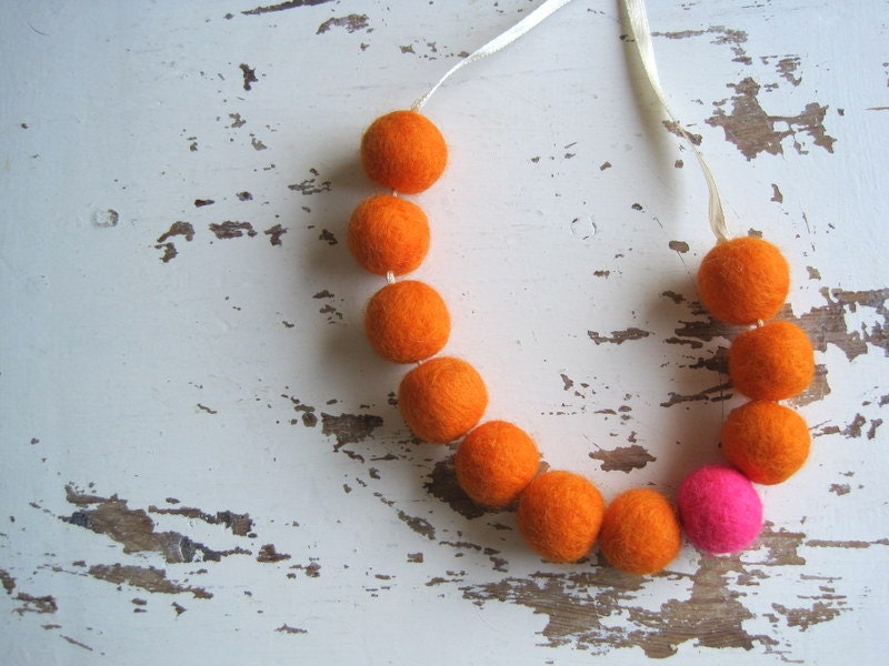 Beaded jewelry necklace felt beads necklace simple necklace minimalist felted wool balls feminine  fun pink orange