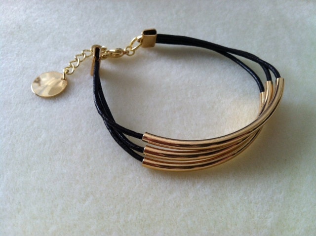 Gold Bar Bracelet on Dark Chocolate Leather Cord with Gold Chain and Dangle Charm