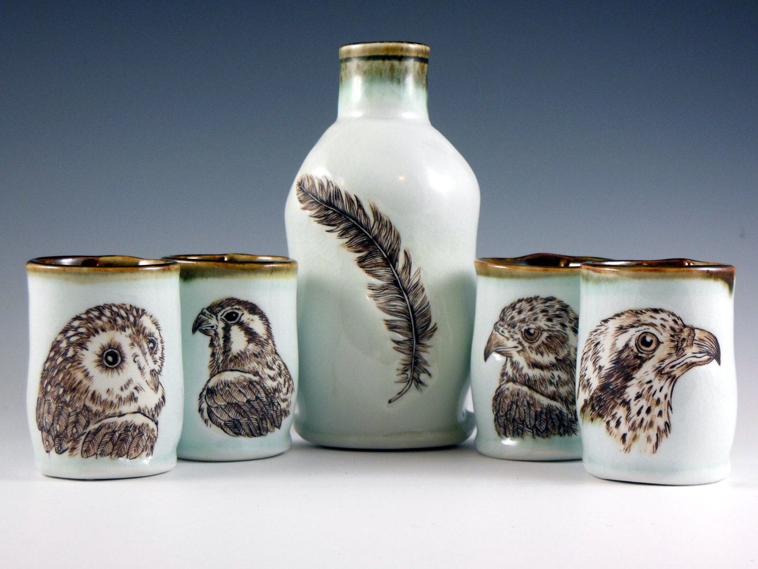Birds of Prey Handpainted Sake Set. Handmade Porcelain Ceramic