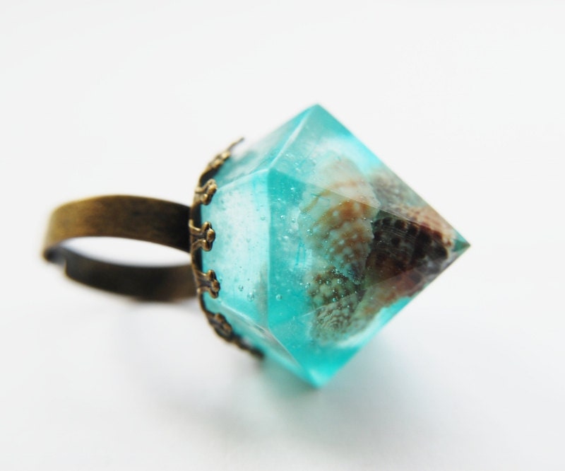 Nautical Statement Ring Turquoise Aqua Contemporary Resin Jewelry Diamond Seashell Nature Rock OOAK