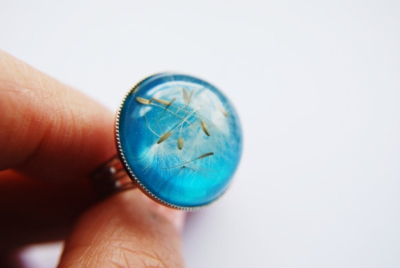 Blue Dandelion Ring  Turquoise 01 Resin Ring Dandelion Seeds Resin Jewelry Botanical Ring Adjustable Nature Wish Childhood Memory