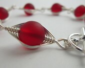 Crimson Red Sea Glass And Wire Wrapped Bracelet - Beach Glass, Herringbone Metal Weave, Wire Weave, Artsy, Intricate
