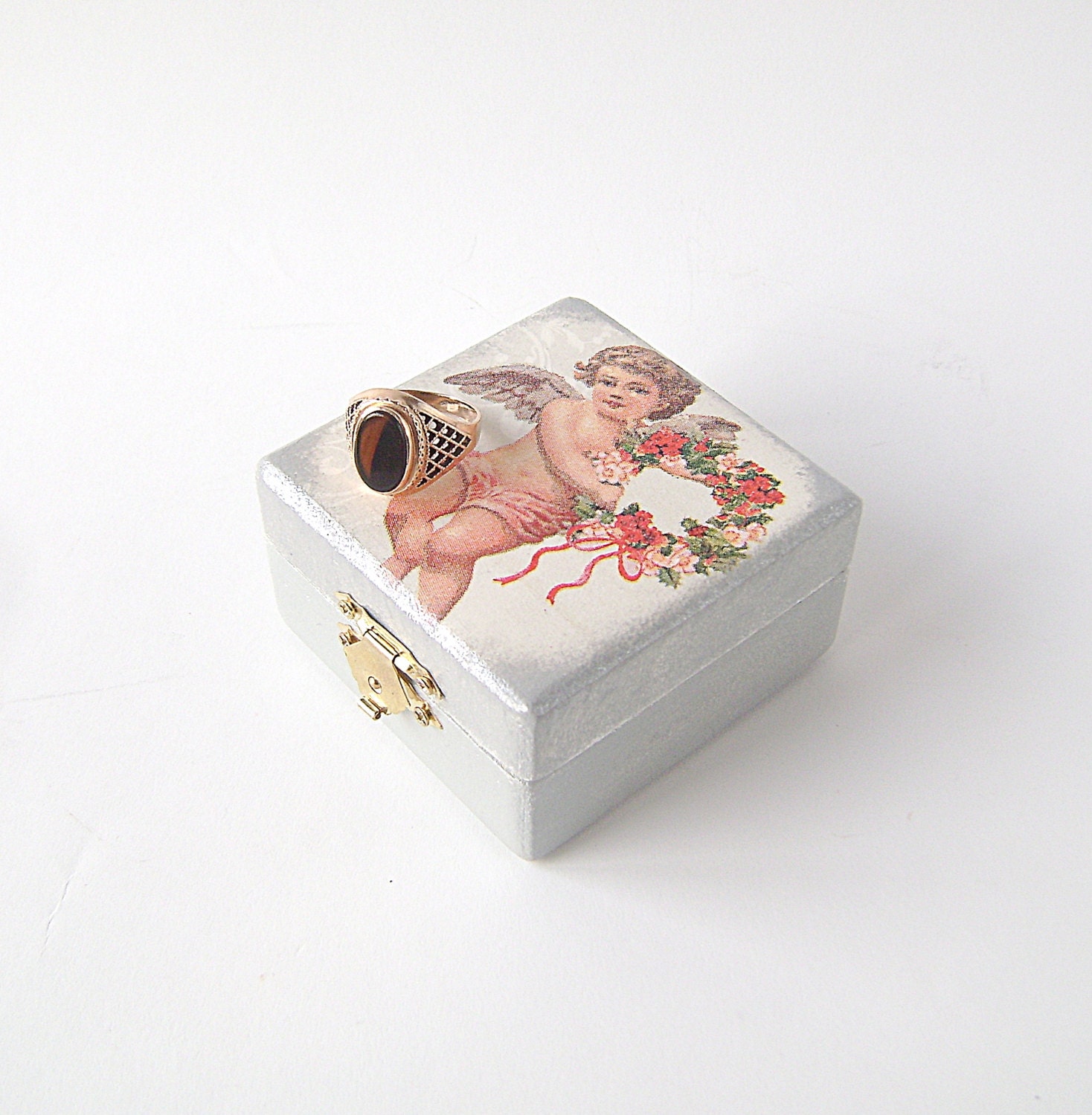 Grey Pink Ring Bearer Box , Wedding box, Treasury Box , Jewelry box , vintage style box, shabby chic, proposal ring box, Victorian Angel