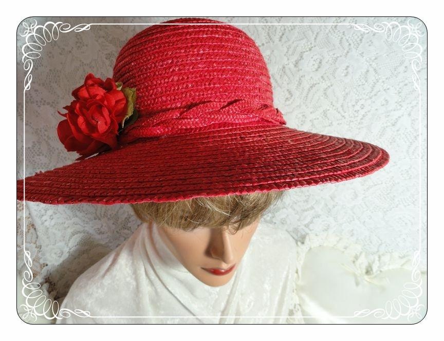 Wide Brim Red Vintage Straw Hat with Flowers   -  H-007a-040113000