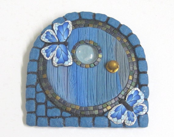 Denim Blue Fairy Door with Butterflies and Beads