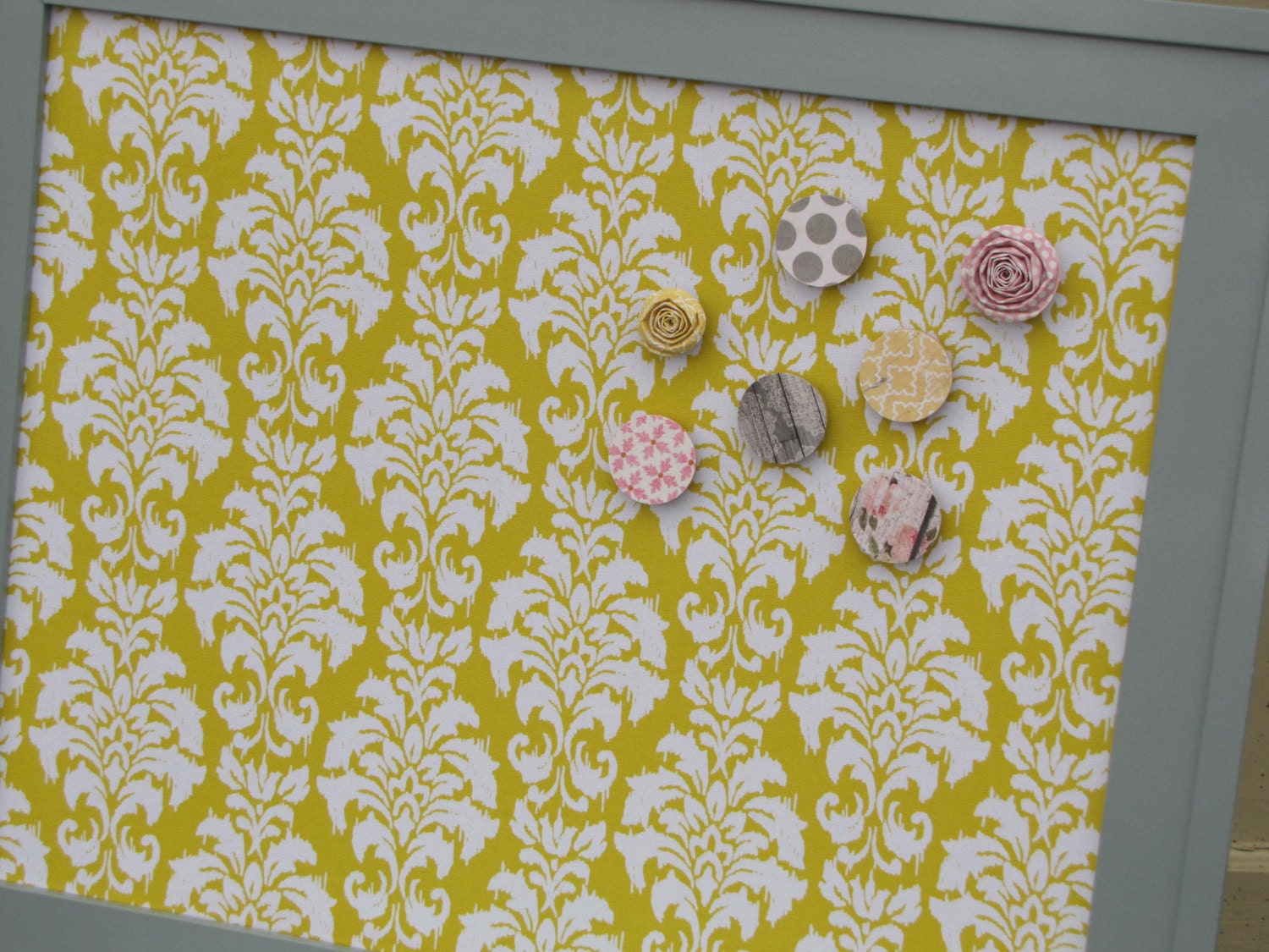 21x27 gray FRAMED FABRIC MAGNET board, memo board, yellow white fabric, organize 3 small magnets & small initial magnet, the charming wall