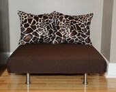 24"x24" Brown Denim Upholstered Pet Bed / Cat Bed / Small Dog Bed /// Pet Lounger with 2 Giraffe Faux Fur Pillows