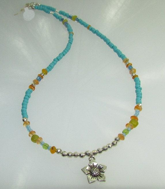 Flower Pendant Necklace with Carnelian, Olive Jade and Seed Beads