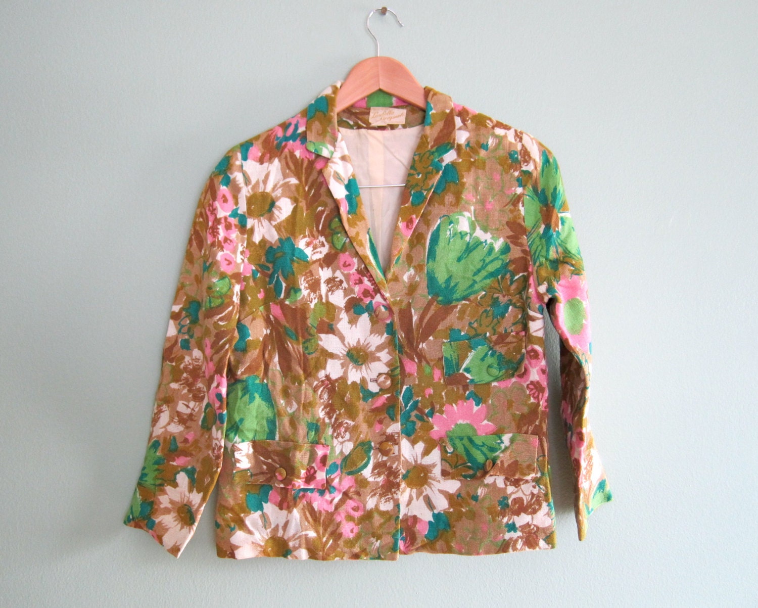 1960s jacket/ vintage floral printer blazer/ Spring pink and green colorful 60s jacket S-M