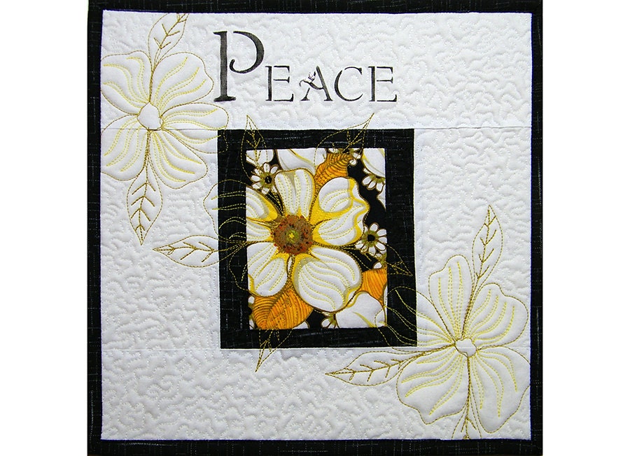 Fiber Art Wall Hanging Quilt, Flowers, Black and Yellow, Peace