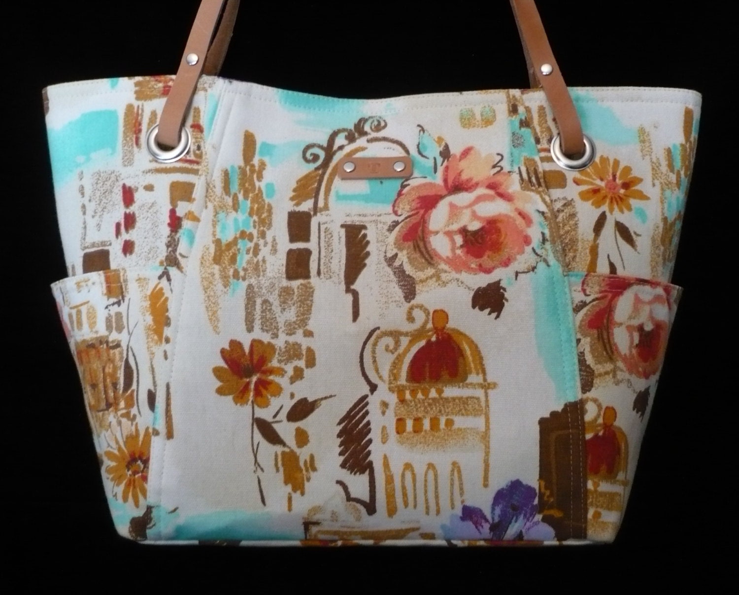Spring Canvas Bag Purse, Handmade handbag, Shoulder Bag with leather handles