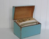 Primitive Oak Recipe File Box with Chippy Robin's Egg Blue Paint, Dove Tailed, Full of Handwritten Recipes