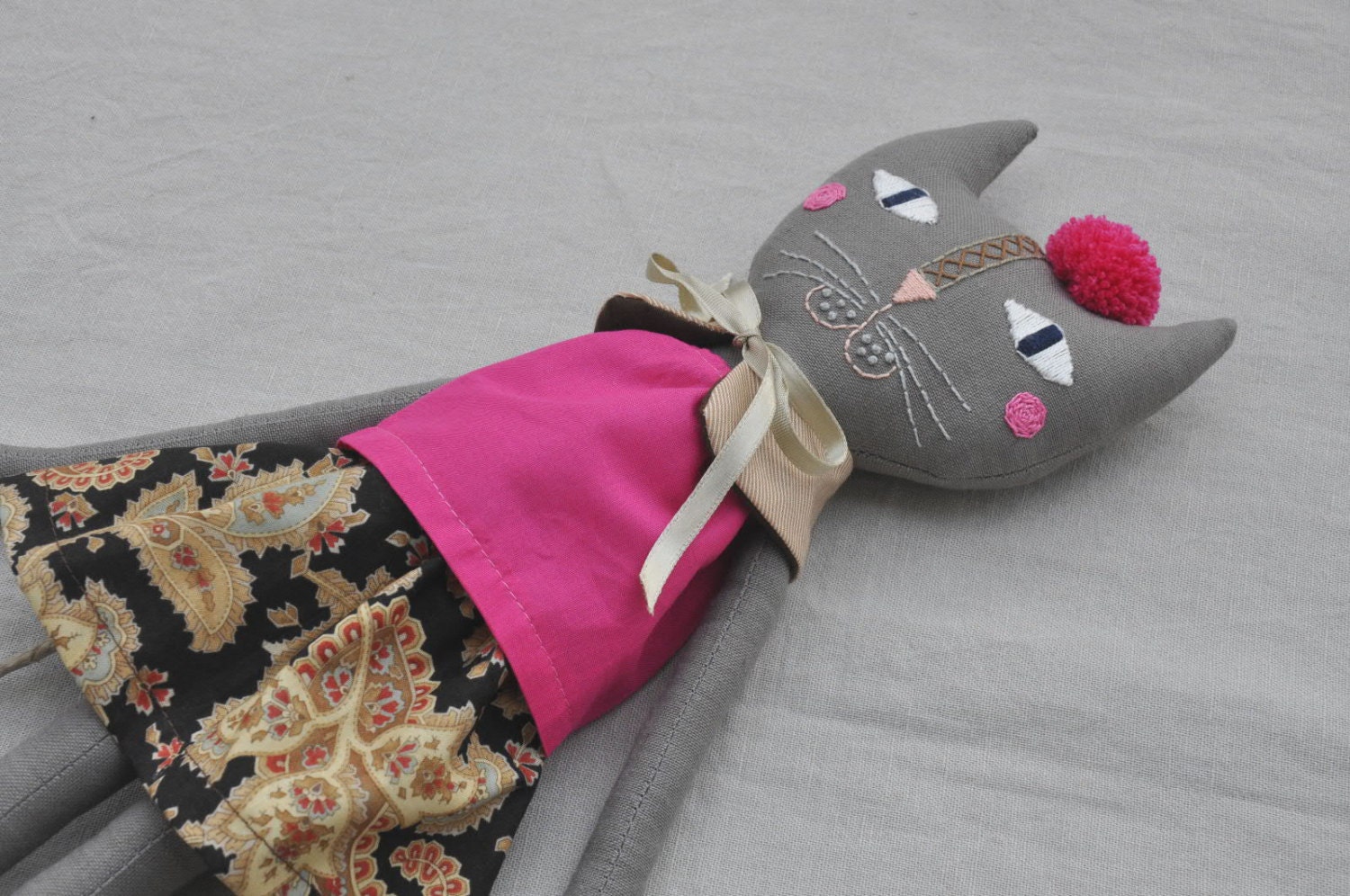 Grey cat with embroidered face - handmade rag cat doll