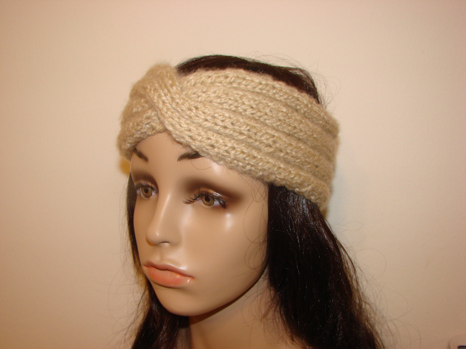 Soft Hand Knit Headband Turban Style Twisted Beige Camel Woman Teen Crochet Ski ear Warmer Chunky Very Soft