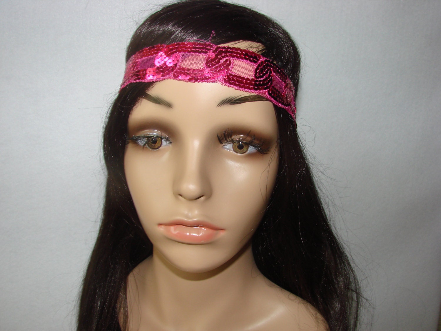 Hippie Hot Pink Sequin Headband, Chain Gipsy Headband, Pink Lace headband Woman tribal boho head wrap, retro headband,bandana headband