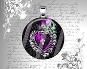 SHOPWIDE SALE - Hearts on Fire in Purple and Pink Black Background - Rock n Roll Heart - 1 Inch Circle Glass Photo Pendant Necklace