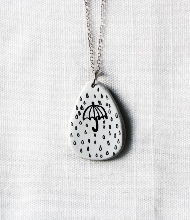 Rain Necklace Pendant. Necklace with pendant, hand-decorated black and white.