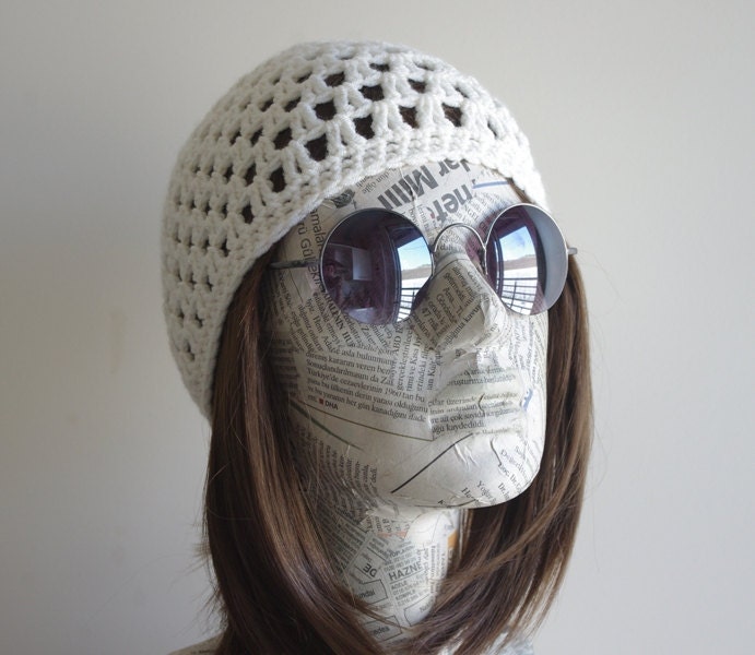 BEANIE hat crochet cream  bohemian gypsy hat made to order. The used four seasons.