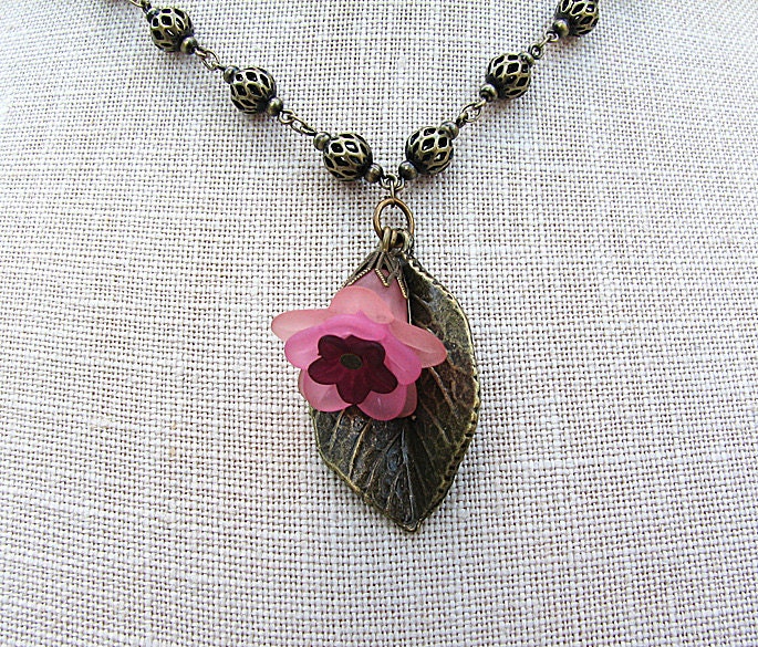 Floral pendant necklace Flower and leaf charm Pink necklace VIntage look antique brass chain necklace Single strand filigree link  chain