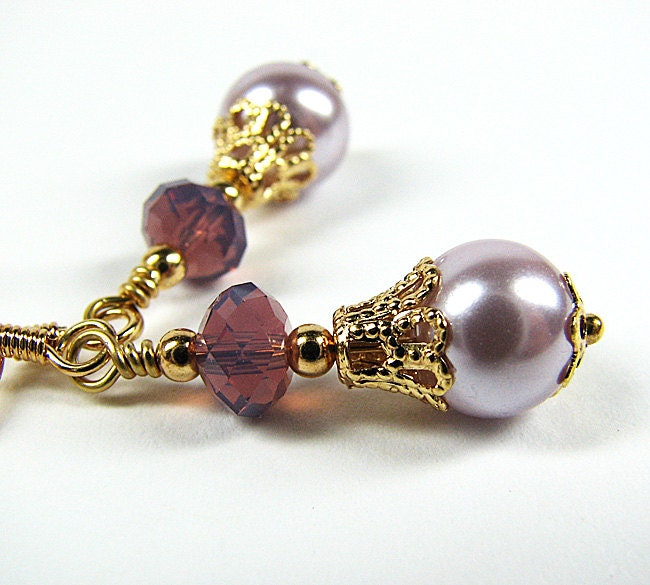 Purple lavender dangle earrings Swarovski crystal and glass pearl beaded earrings Bridesmaid gift Prom wedding bridal jewelry Beaded jewelry