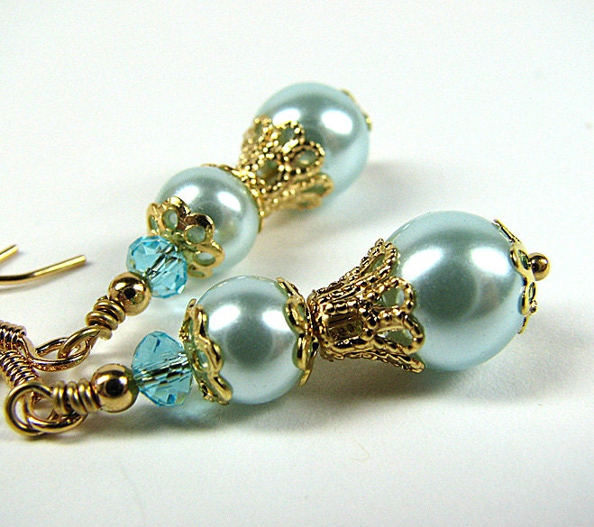 Aqua dangle earrings Swarovski crystal and glass pearl beaded earrings Bridesmaid gift Wedding bridal jewelry Beaded jewelry Mothers Day