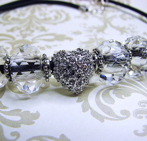 Pave crystal heart necklace Romantic silver beaded necklace Single strand rubber necklace Crystal beaded  jewelry