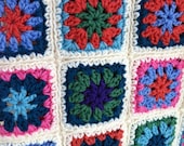 Crocheted afghan granny square BABY blanket, colorful 32"x32" with cream border--READY to SHIP