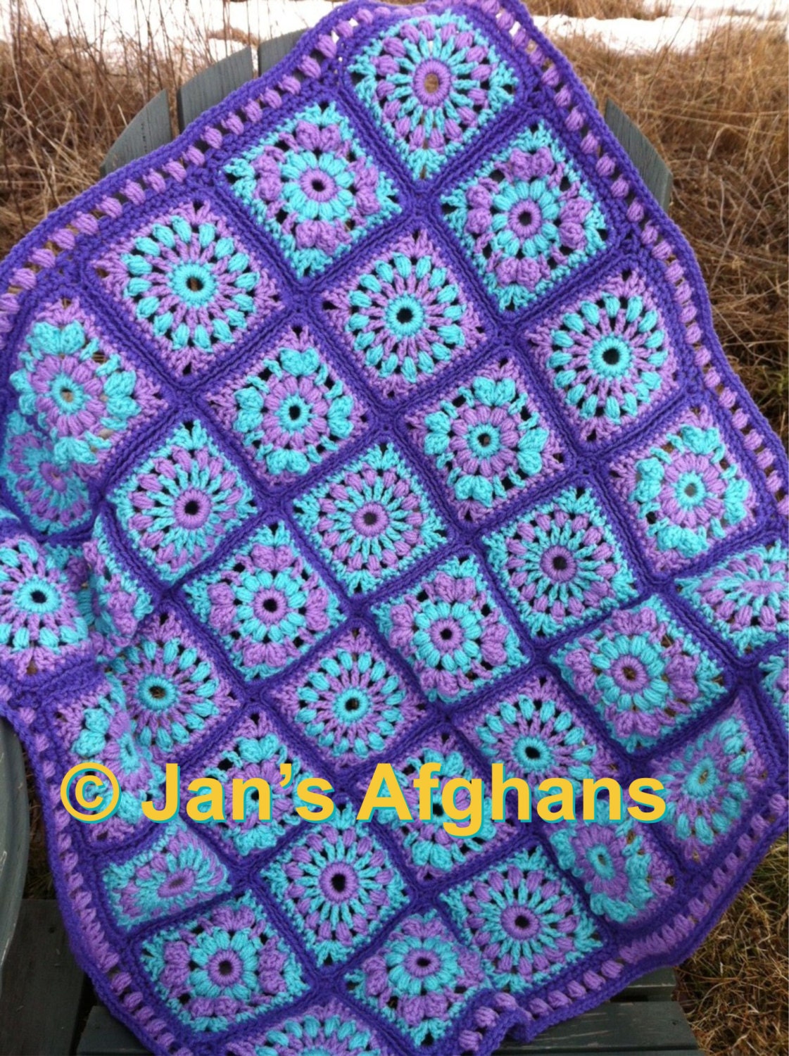 Crocheted afghan baby blanket 34"x34"--aqua and lavender pinwheel granny squares with popcorn and puff stitches--MADE TO ORDER