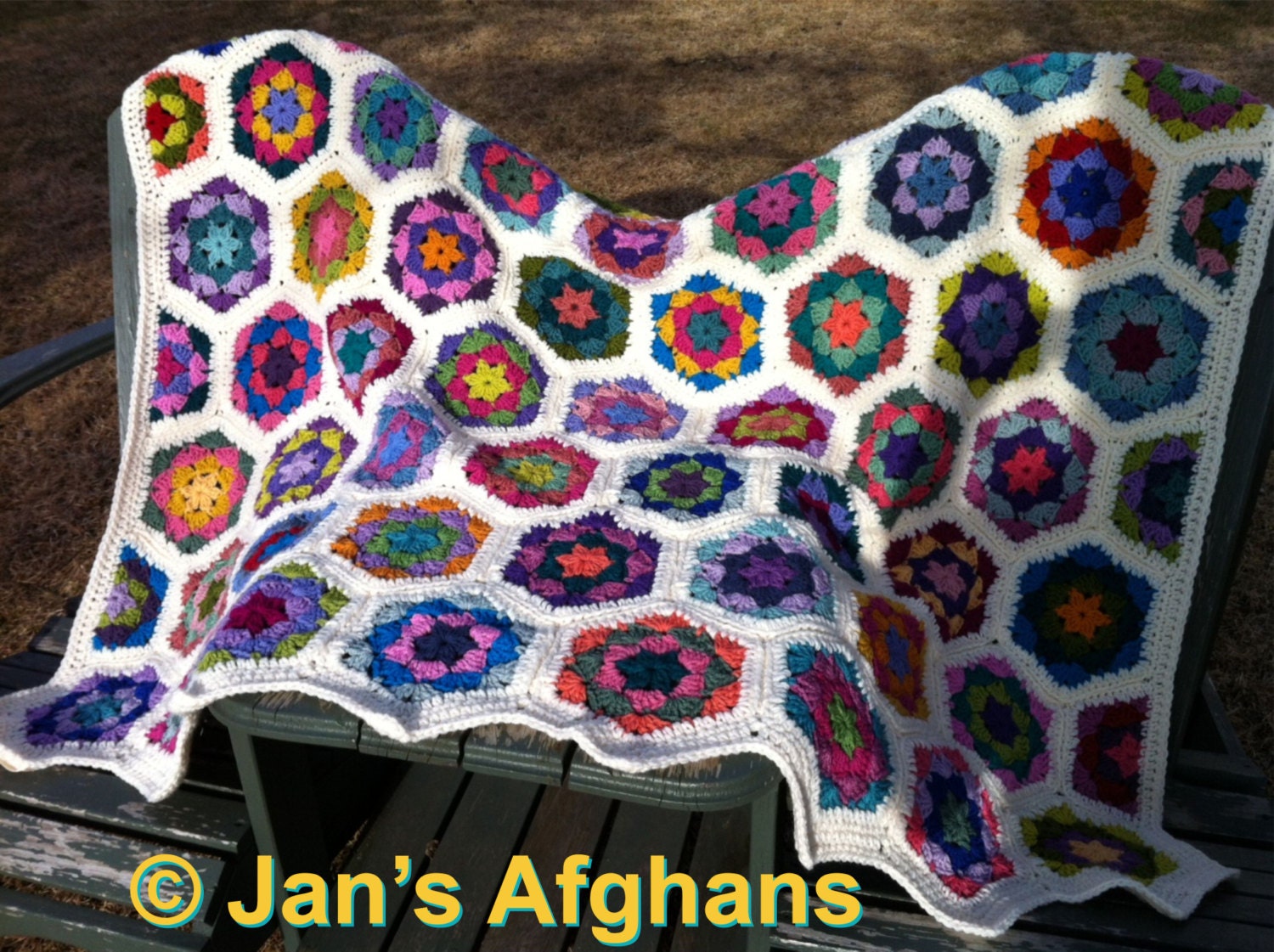 Crocheted afghan kaleidoscope hexagons with cream border--MADE TO ORDER