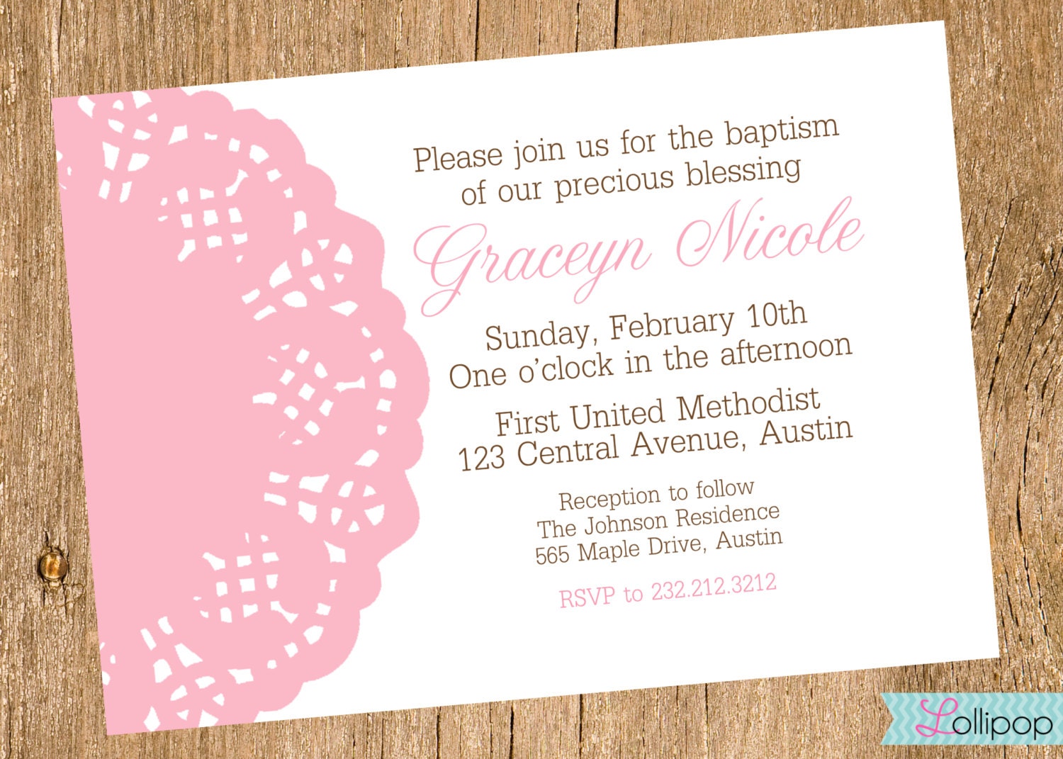 Baby Girl Doily Baptism Printable Invitation, Personalized Baby Christening Invite, Girl Baptism