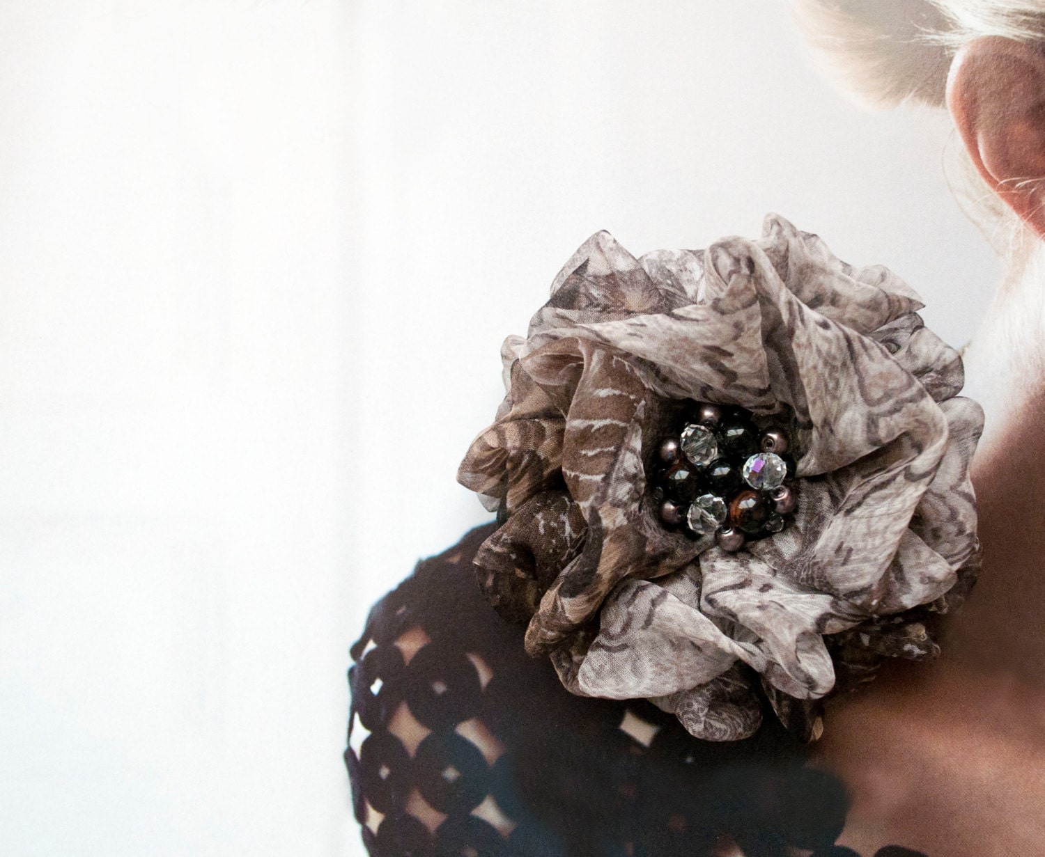 Brown silk brooch, woman brooch, glass beads.