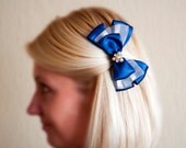 Blue barrette, woman brooch, blue white bow, crystals, pearls