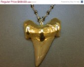 Memorial Day Sale Shark Tooth Necklace -  Large Fossilized Shark Tooth Edged in 24k gold on a Long Pyrite Wire Wrapped Chain