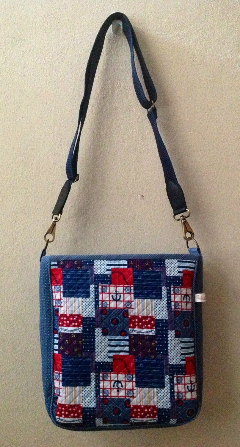Quilted Blue Navy Messenger Bag Purse 100% Cotton with Blue Nylon Shoulder Strap