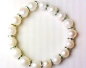 Genuine Pearl Stretch Bracelet with Emerald Green Crystal Rhinestone Beads
