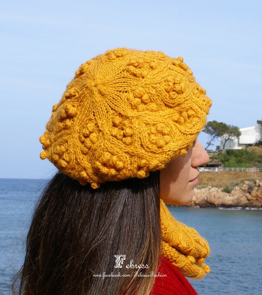 ALPACA Wool Hat boina for womens,hand knitted, Winter hat, Mustard,  FEBRESS, Handmade, Accessories woman.
