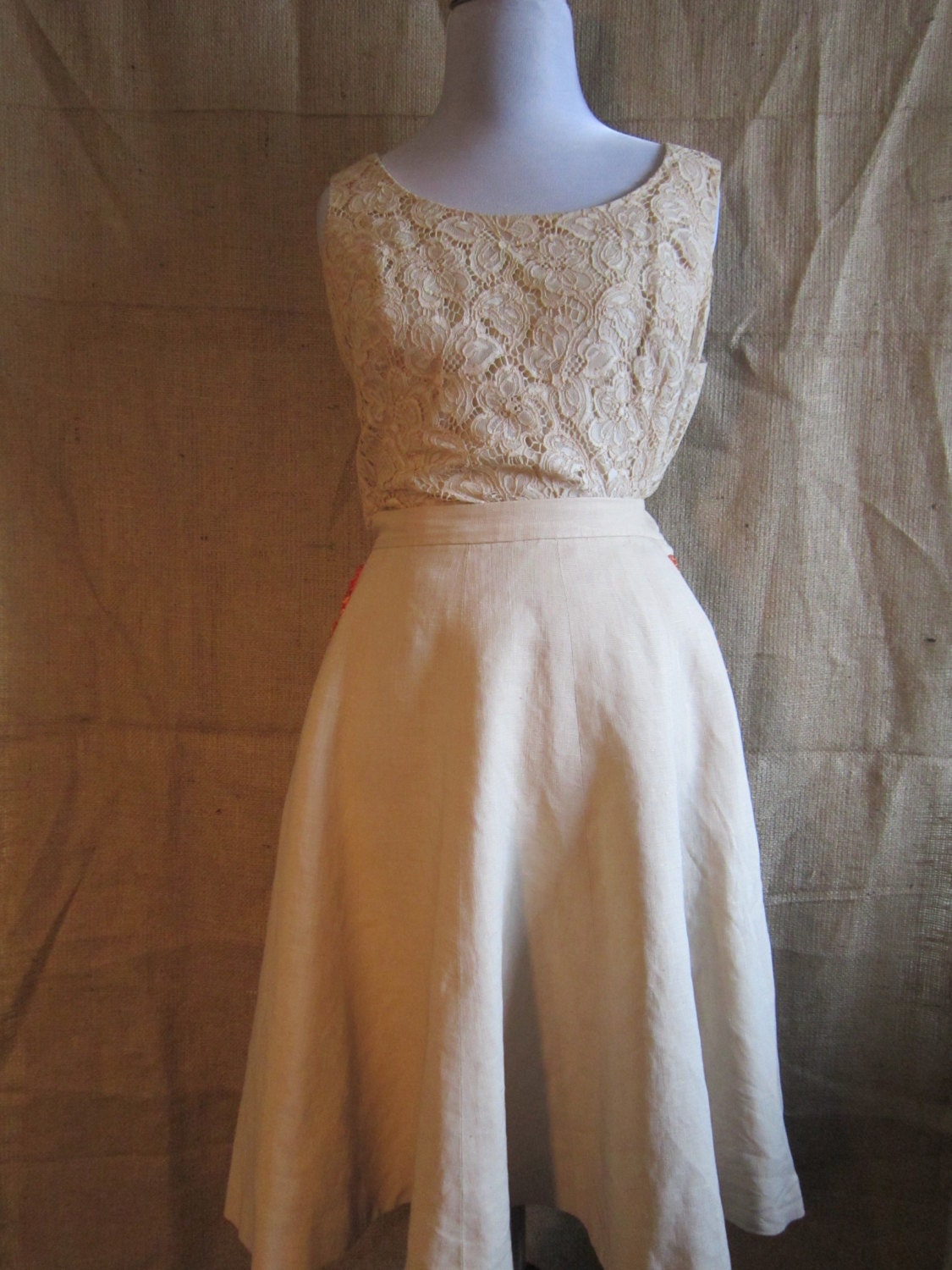 Vintage cream high waisted circle skirt coral reef beach ocean inspired orange shells spring summer wear handmade unique