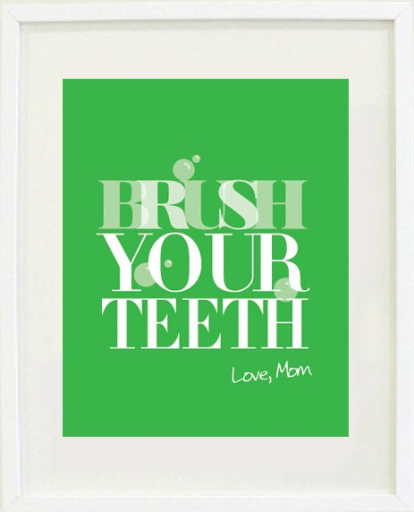 Poster Print : 8 "X 10" Brush Your Teeth", Kids bathroom wall decor , Fun child's print