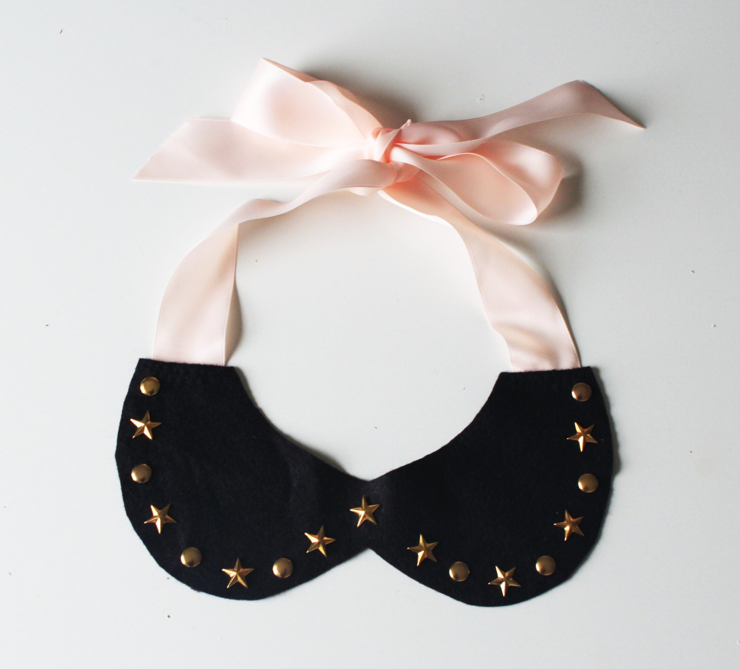 Buy-1-get-1-free Black Peter Pan Collar with Gold Star Studs and Pink Ribbon