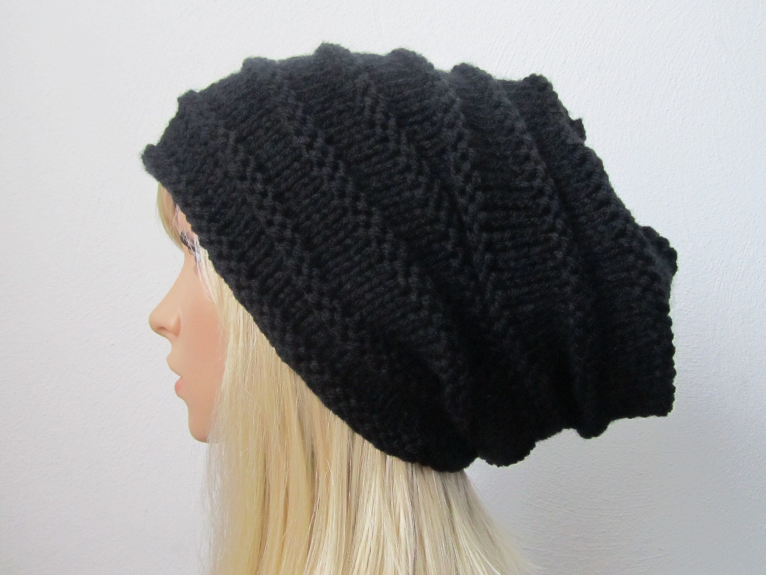 Slouch Hand Knit Black Hat, Unisex Hand Knitted Hat in Black, Tam Hat in Black, Black Slouchy hat