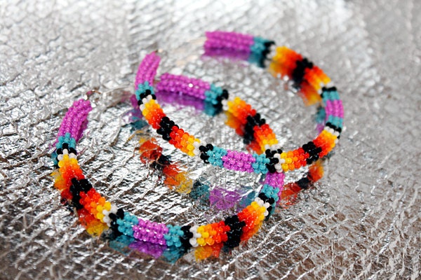Purple Native American Beaded Hoop Earrings
